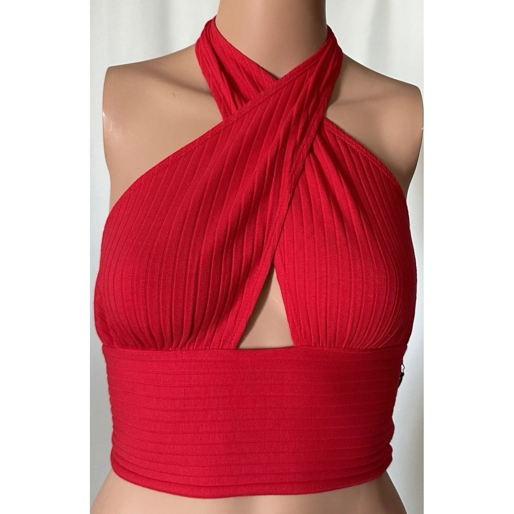 Callahan Revolve Knitwear Halter Top Mimi Tank Womens M Cross Front Rib Red Crop
